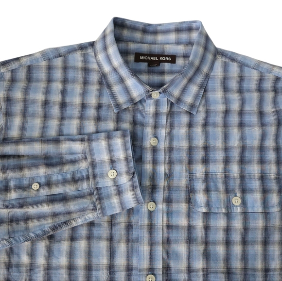 Michael Kors Mens M Blue Plaid Button-Up Shirt 100%‎ Cotton Roll Tab Sleeves - Picture 1 of 8